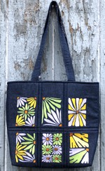 Denim tote bag with daisy blocks embroidery